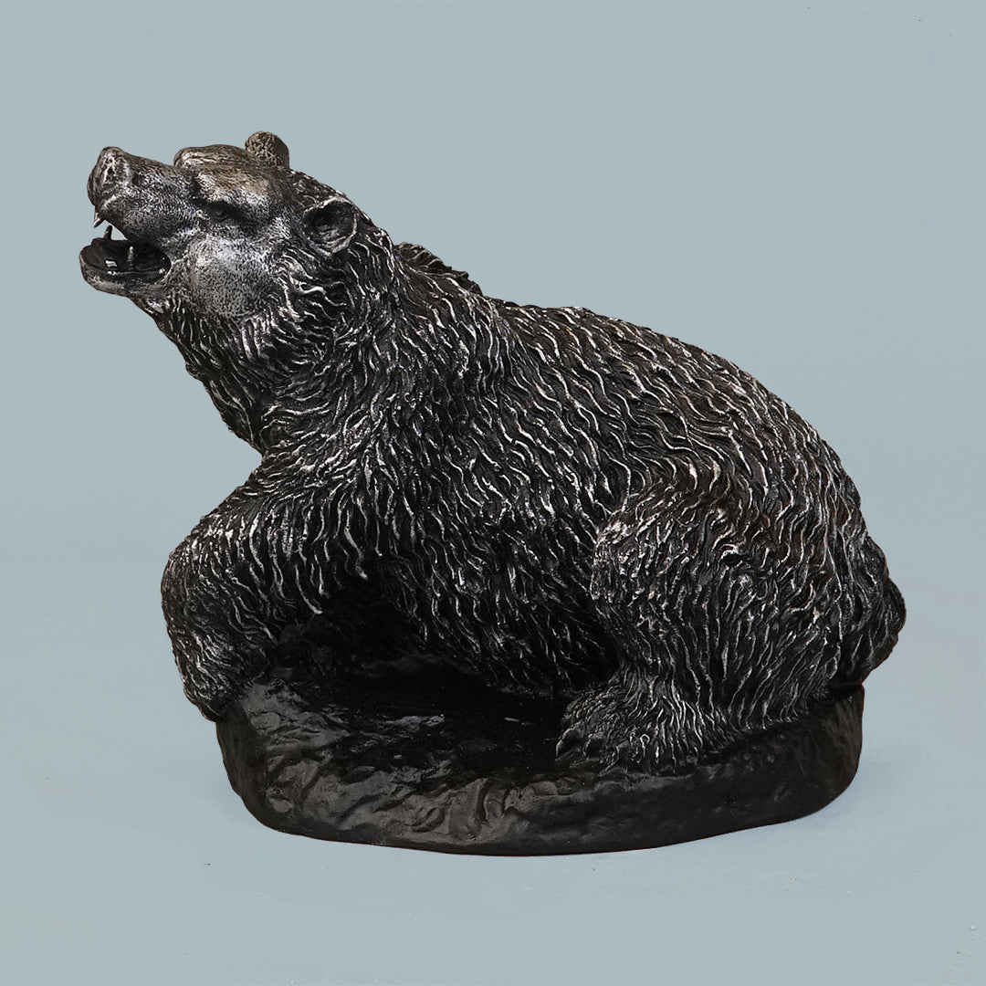 Royal Roaring Grizzly Bear Statue - Antique Silver