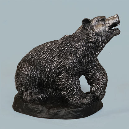 Royal Roaring Grizzly Bear Statue - Antique Silver