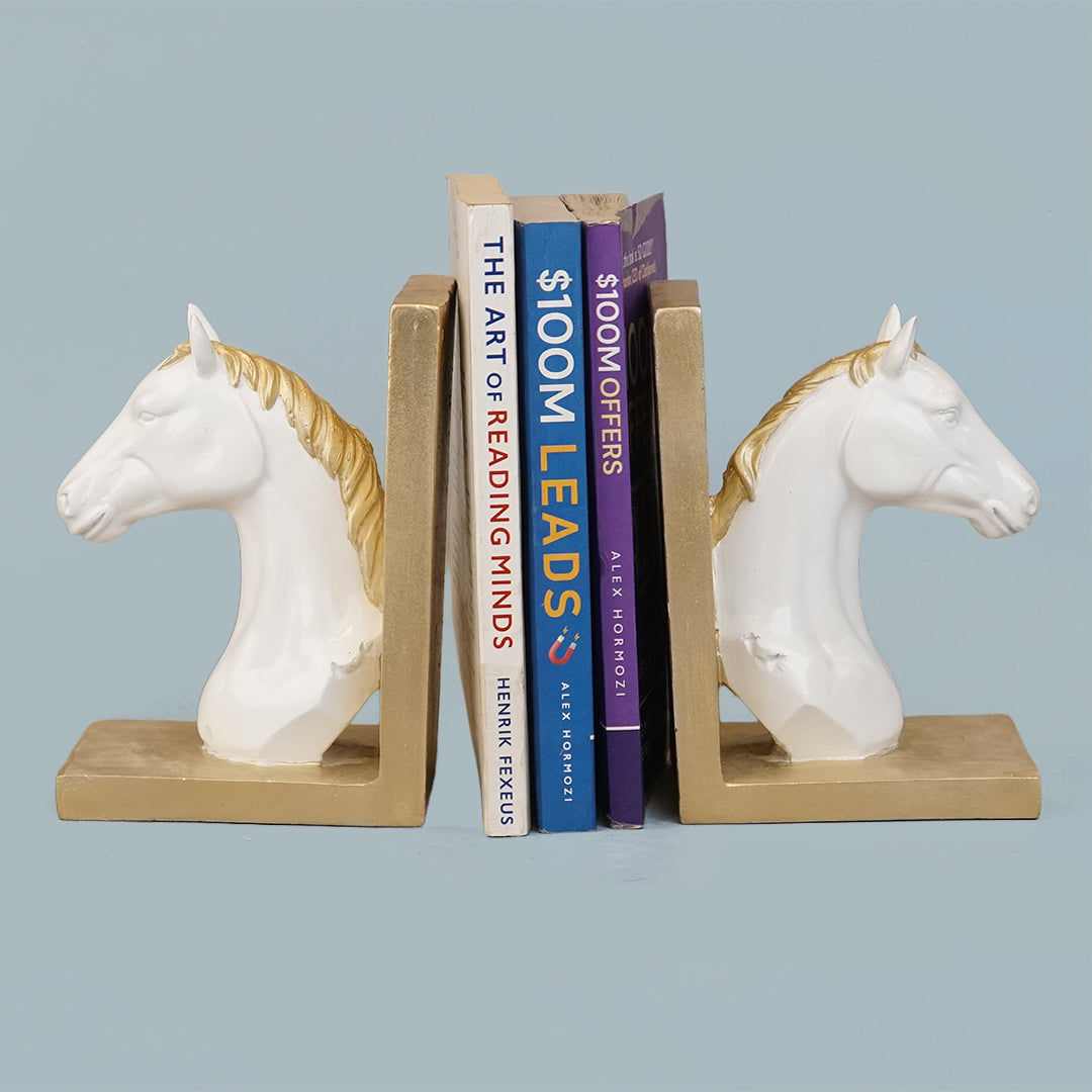 Royal Equestrian Horse Head Bookends - Golden White Edition