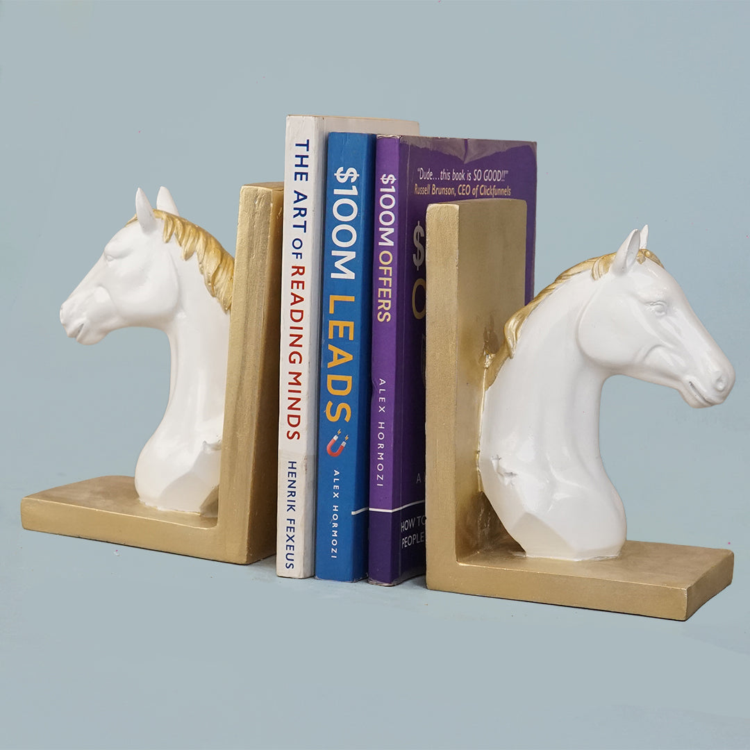 Royal Equestrian Horse Head Bookends - Golden White Edition