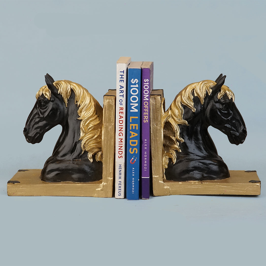 Royal Onyx & Gold Horse Head Bookends