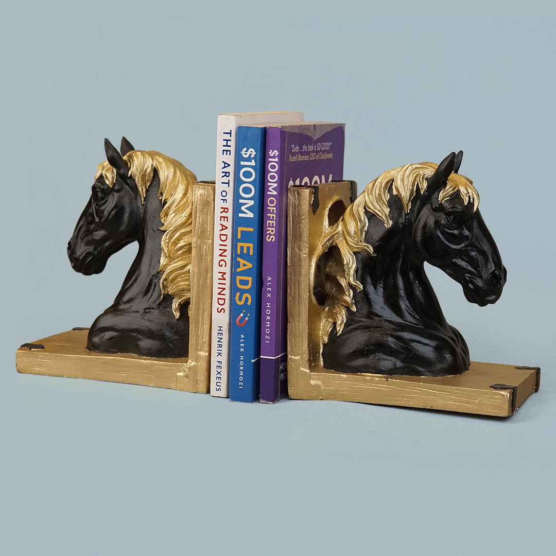 Royal Onyx & Gold Horse Head Bookends