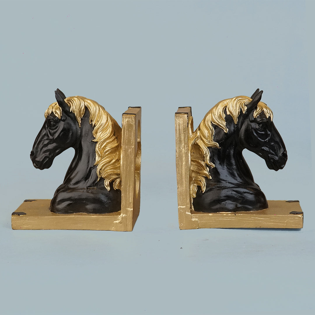 Royal Onyx & Gold Horse Head Bookends