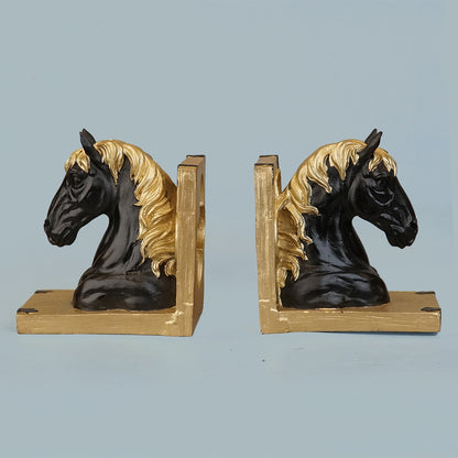Royal Onyx & Gold Horse Head Bookends
