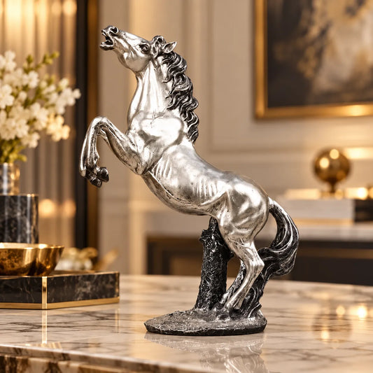 Grand Rearing Horse Decor Statue - Antique Silver