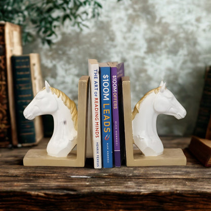 Royal Equestrian Horse Head Bookends - Golden White Edition
