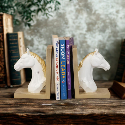 Royal Equestrian Horse Head Bookends - Golden White Edition