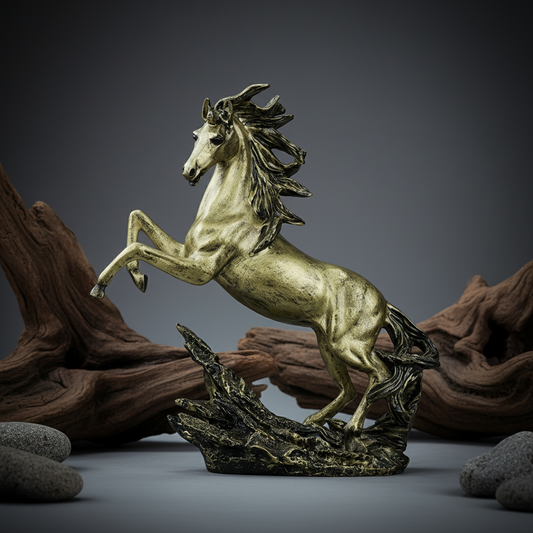 Sophisticated Antique Brass Resin Rearing Horse Sculpture