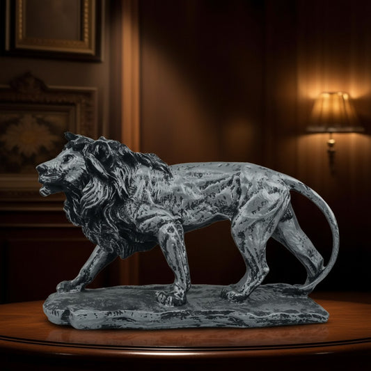Regal Stalking Lion on Base Statue-antique silver