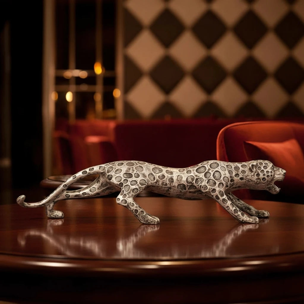 Leopard Decor Statue - Antique Silver