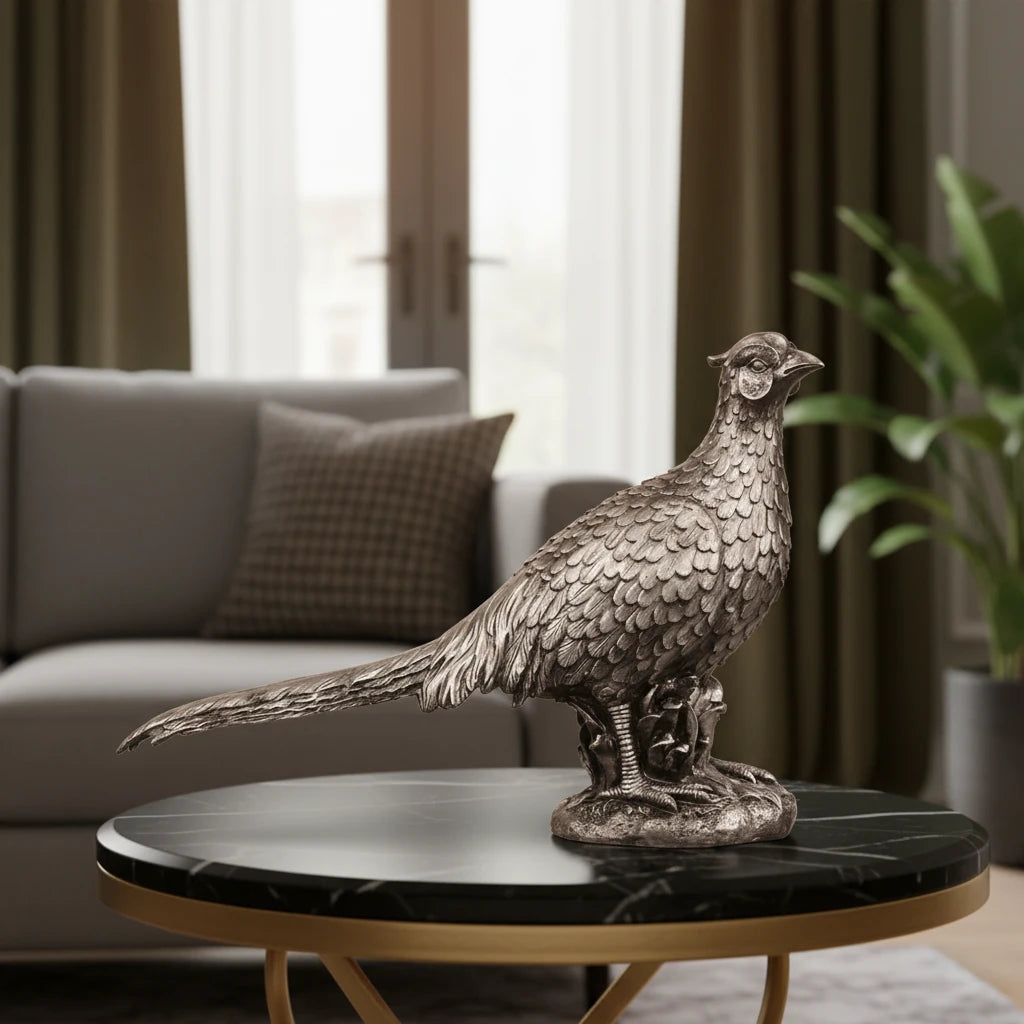 Pheasant Bird Decor Statue - Antique Silver