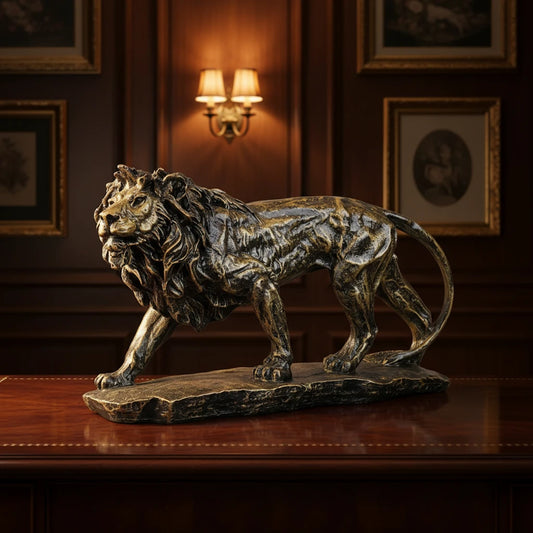 Regal Stalking Lion on Base Statue - Antique Brass