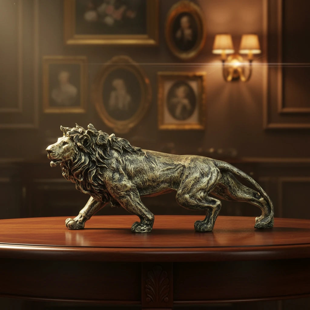Stalking Lion Decor Statue - Antique Brass
