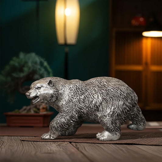 Royal Walking Grizzly Bear Decor Statue - Antique Silver