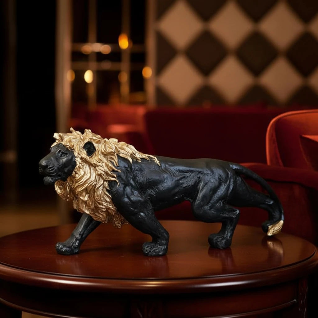 Regal Stalking Lion on Base Statue - Black & Gold