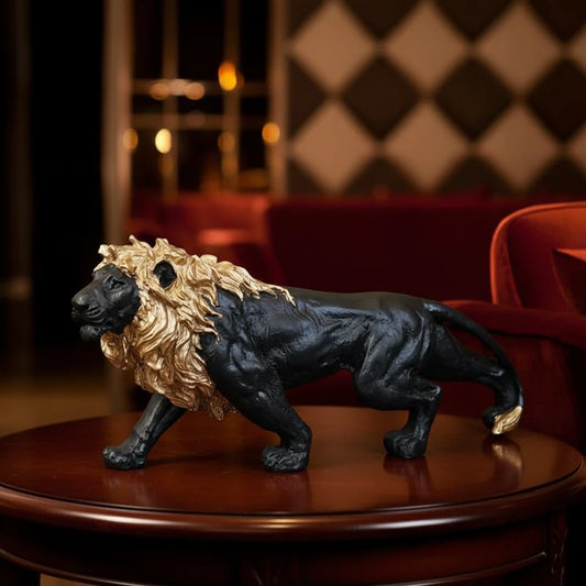 Regal Stalking Lion on Base Statue - Black & Gold