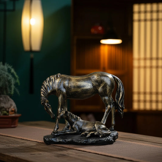 Royal Mare and Foal Decor Statue - Antique Brass