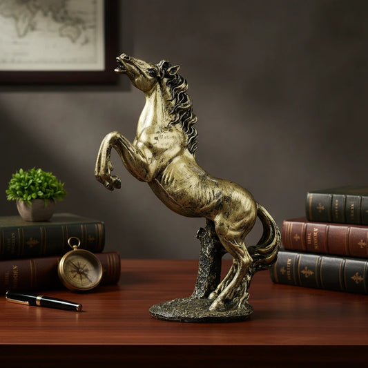 Grand Rearing Horse Decor Statue - Antique Brass