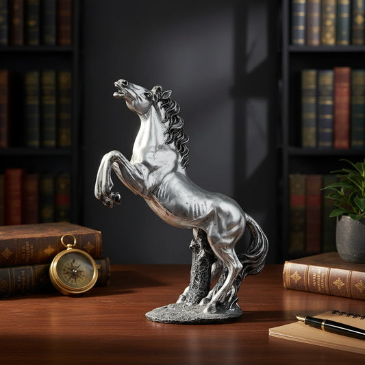 Grand Rearing Horse Decor Statue - Antique Silver