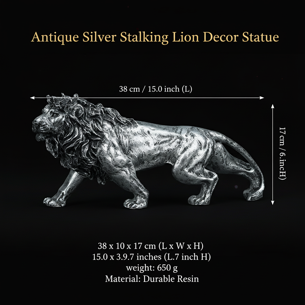 Stalking Lion Decor Statue - Antique Silver