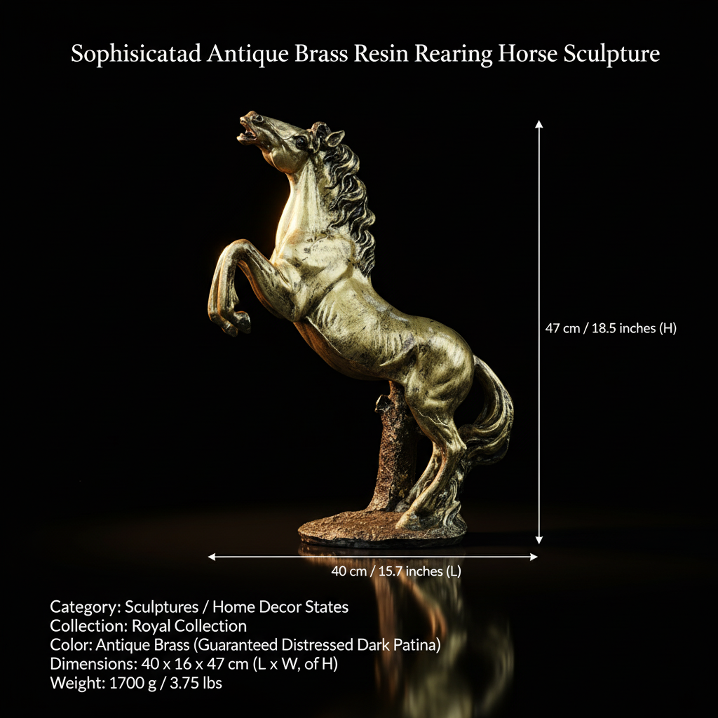 Grand Rearing Horse Decor Statue - Antique Brass