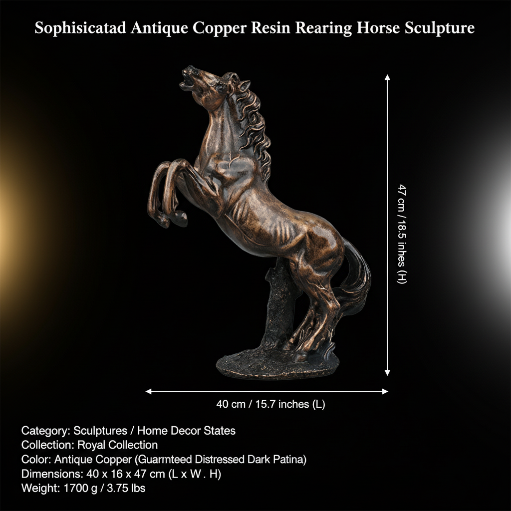 Grand Rearing Horse Decor Statue - Antique Copper