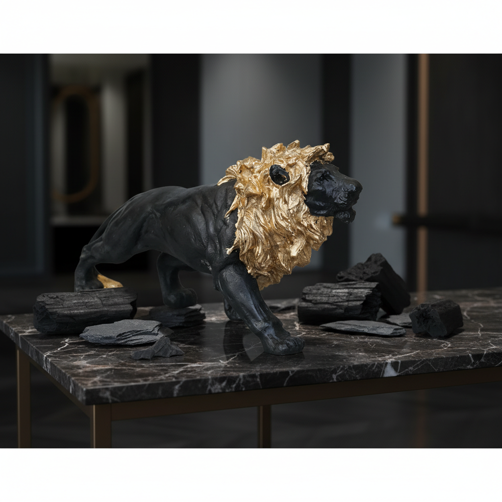 Regal Stalking Lion on Base Statue - Black & Gold