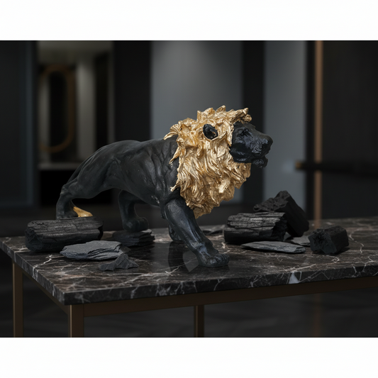 Regal Stalking Lion on Base Statue - Black & Gold