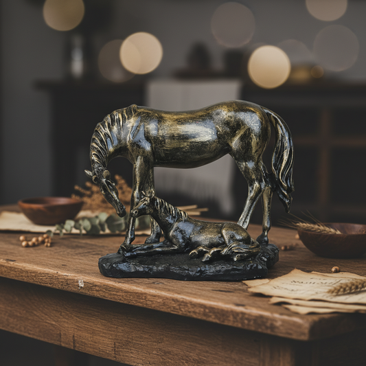 Royal Mare and Foal Decor Statue - Antique Brass