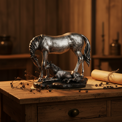 Royal Mare and Foal Decor Statue - Antique Silver