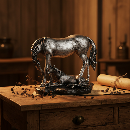 Royal Mare and Foal Decor Statue - Antique Silver