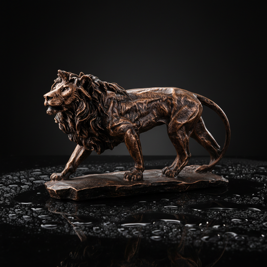 Regal Stalking Lion on Base Statue - Antique Copper