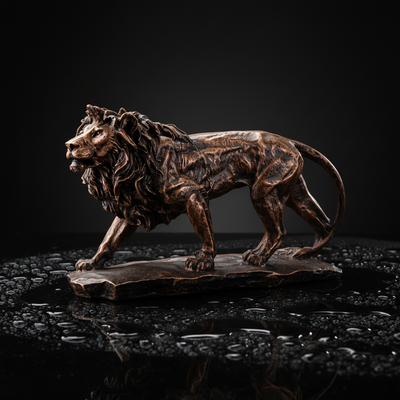 Regal Stalking Lion on Base Statue - Antique Copper