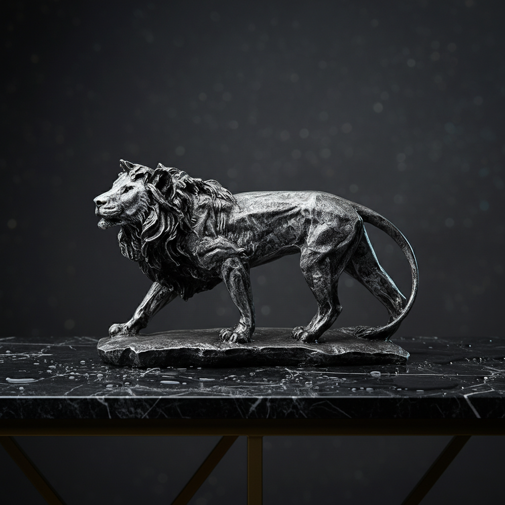 Regal Stalking Lion on Base Statue-antique silver