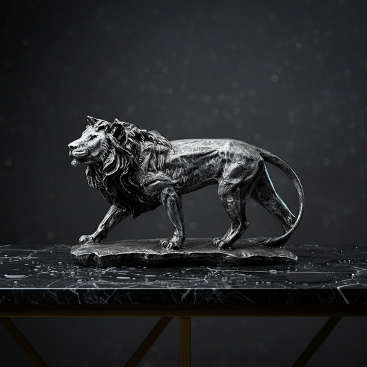 Regal Stalking Lion on Base Statue-antique silver