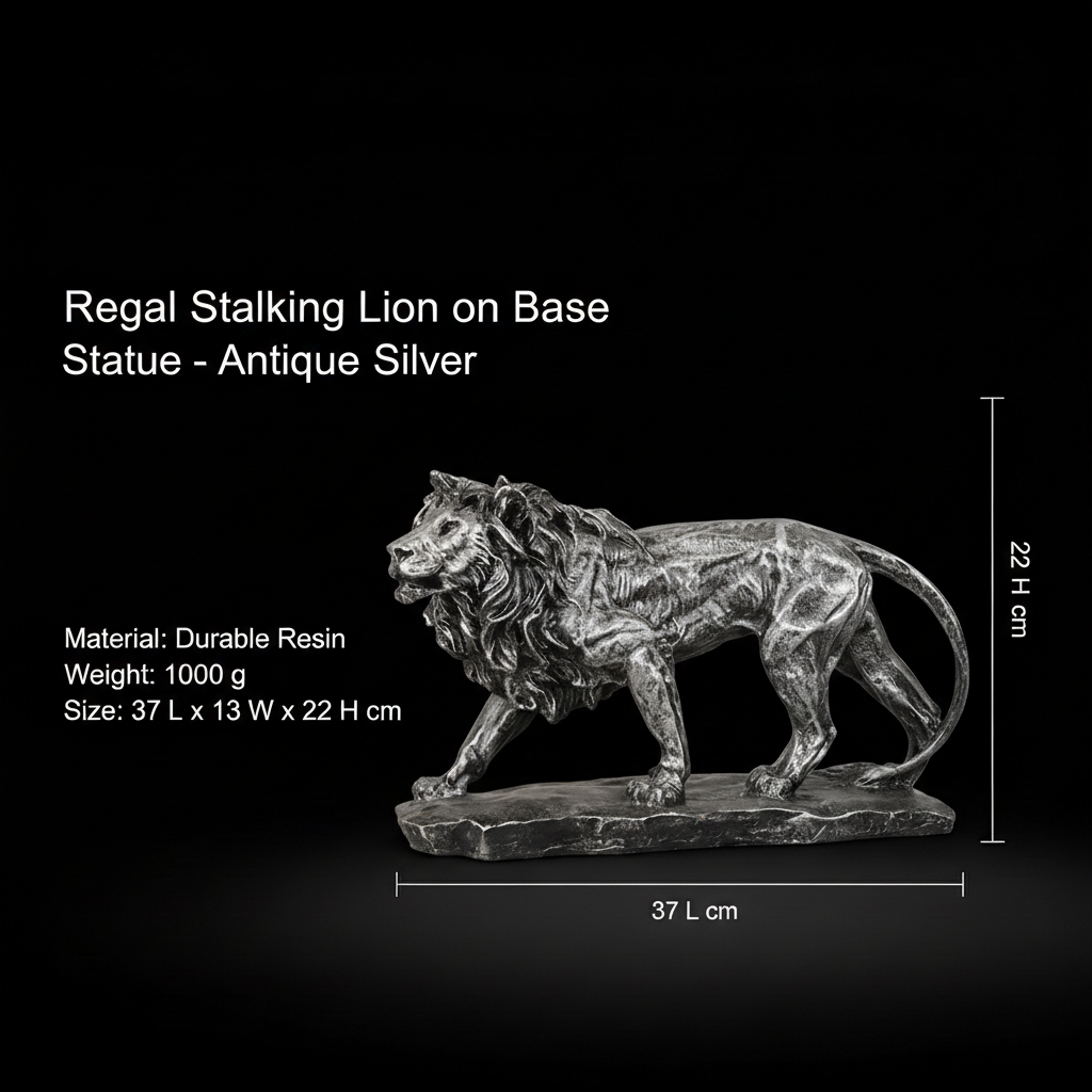 Regal Stalking Lion on Base Statue-antique silver