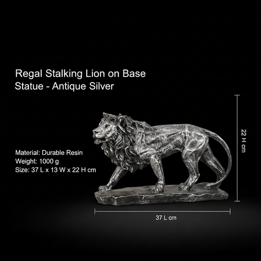 Regal Stalking Lion on Base Statue-antique silver