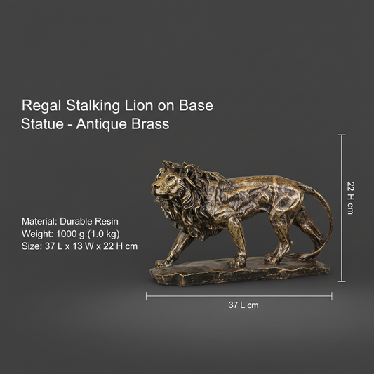 Regal Stalking Lion on Base Statue - Antique Brass