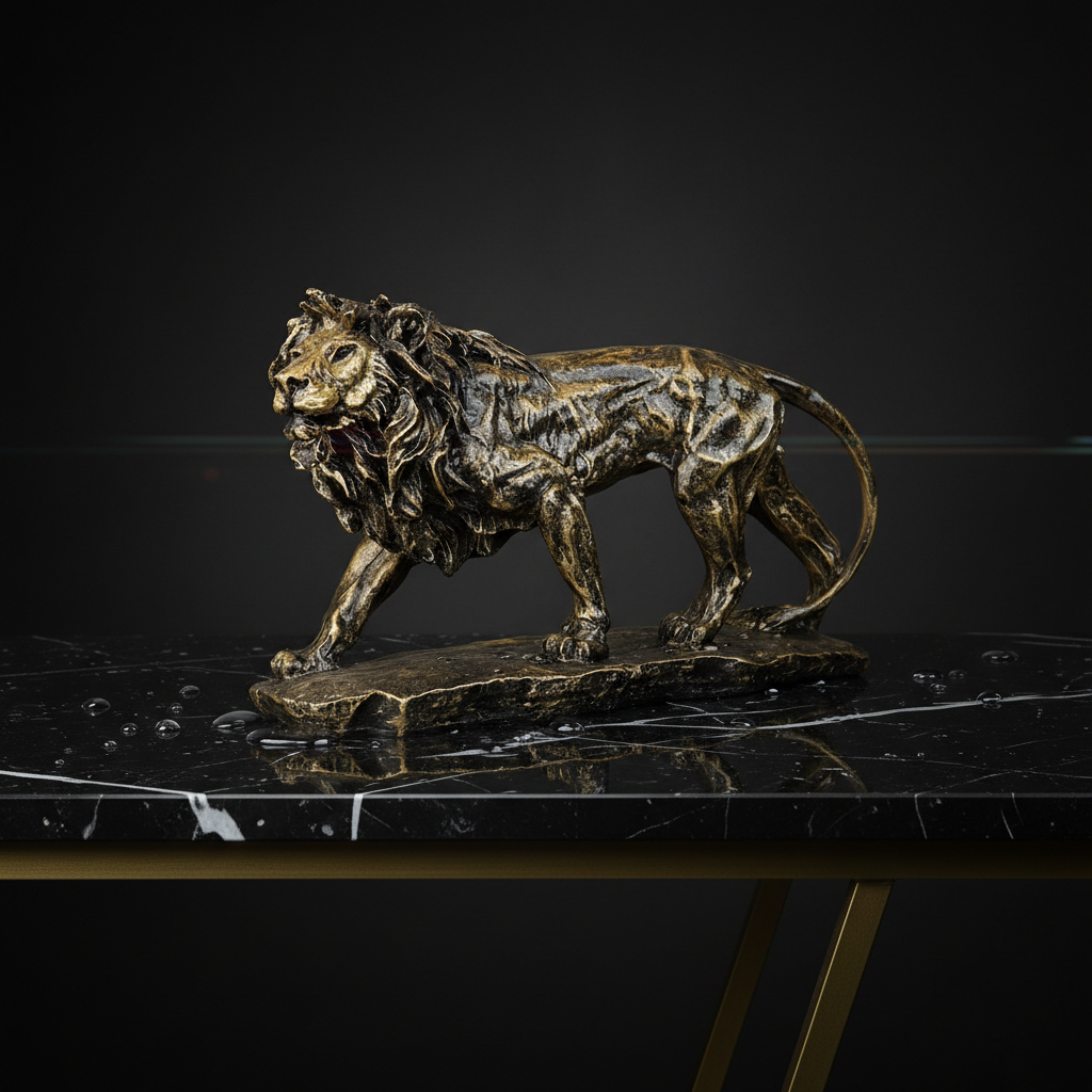 Regal Stalking Lion on Base Statue - Antique Brass