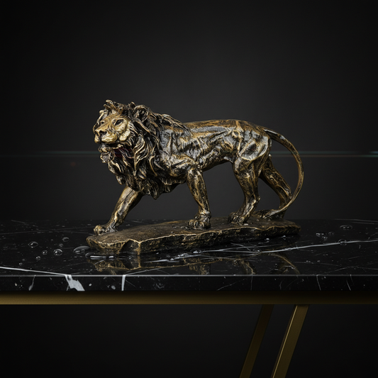 Regal Stalking Lion on Base Statue - Antique Brass