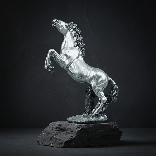 Grand Rearing Horse Decor Statue - Antique Silver