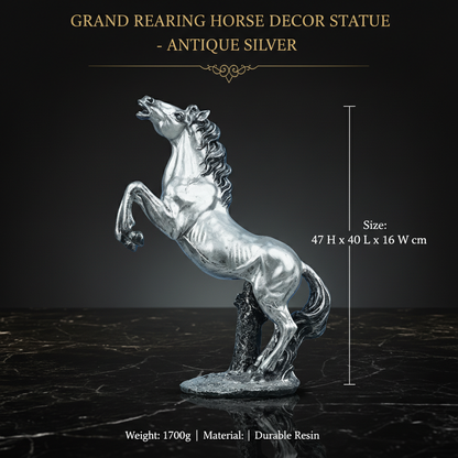 Grand Rearing Horse Decor Statue - Antique Silver