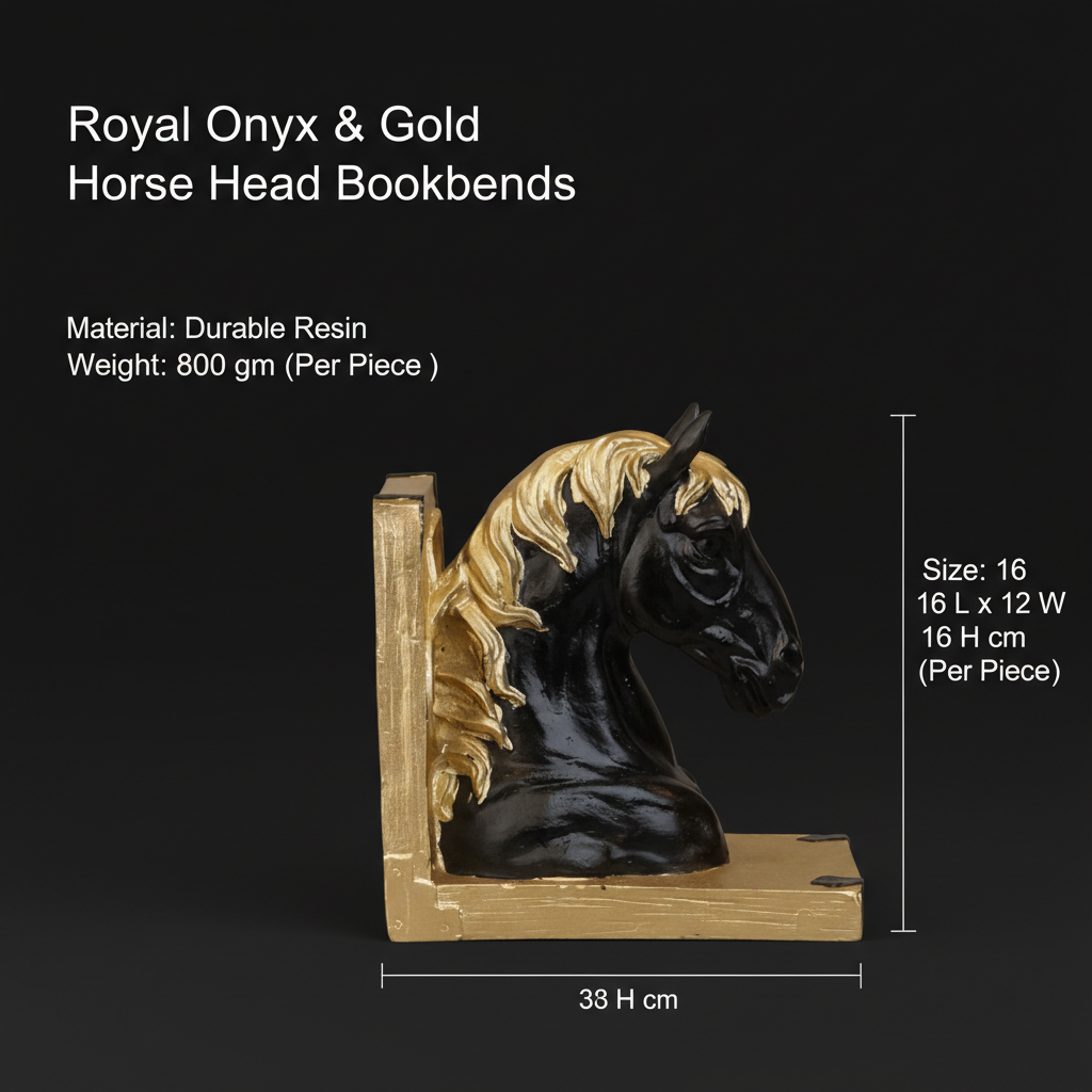 Royal Onyx & Gold Horse Head Bookends