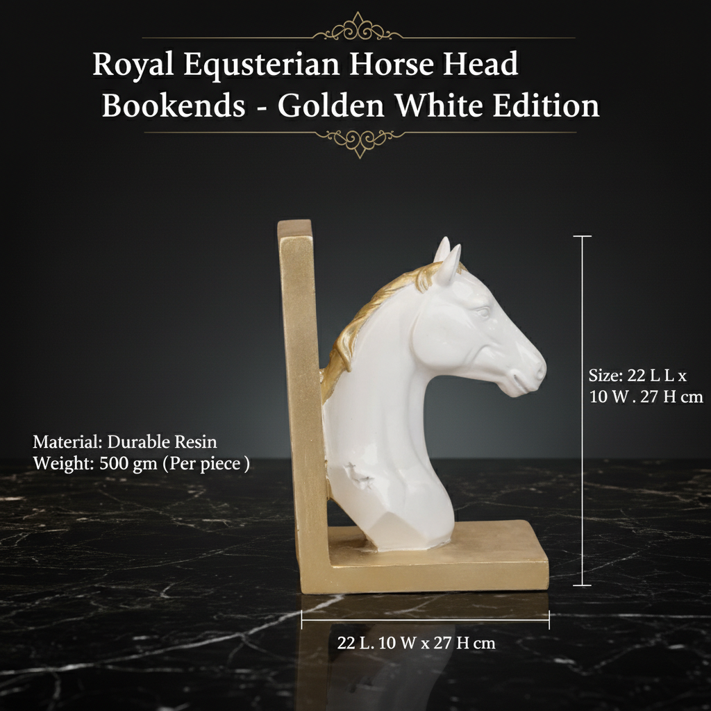 Royal Equestrian Horse Head Bookends - Golden White Edition