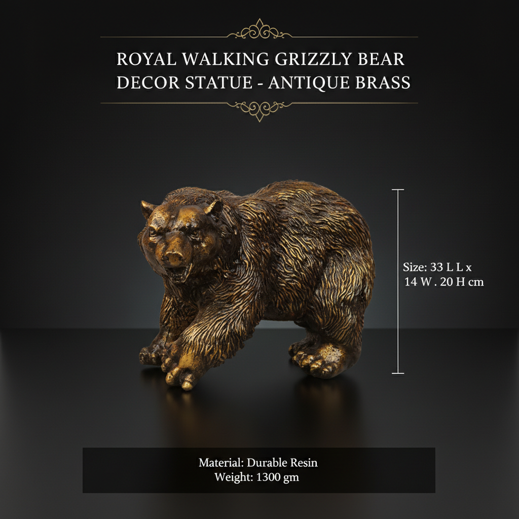 Royal Walking Grizzly Bear Decor Statue - Antique Brass