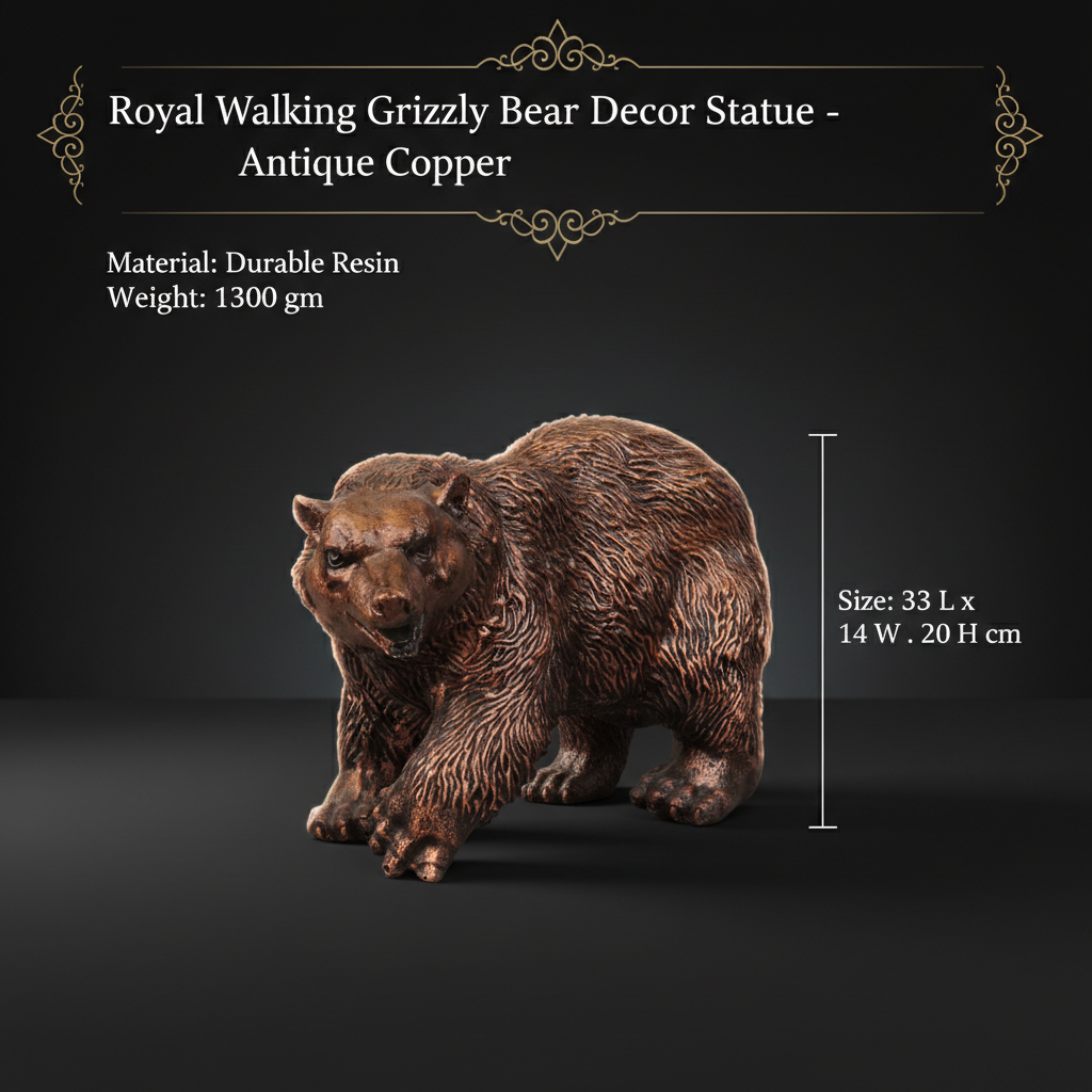 Royal Walking Grizzly Bear Decor Statue - Antique Copper