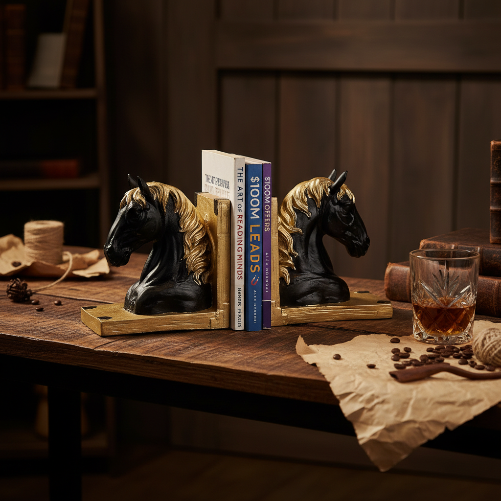 Royal Onyx & Gold Horse Head Bookends