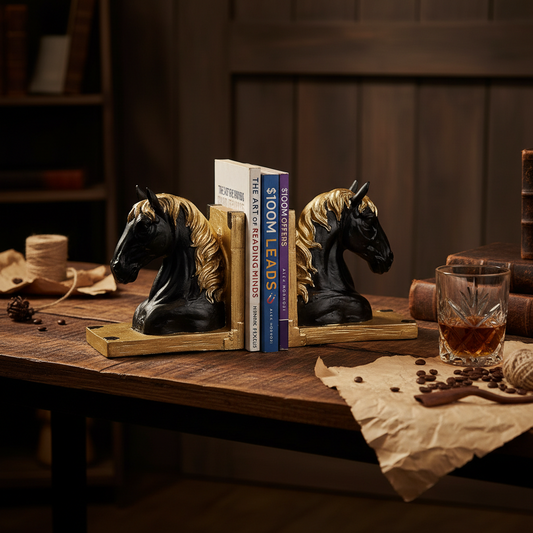 Royal Onyx & Gold Horse Head Bookends