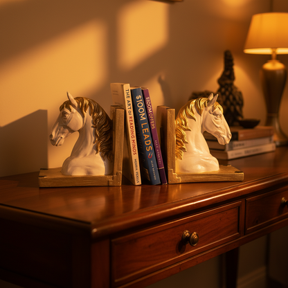 Royal Equestrian Horse Head Bookends - Golden White Edition