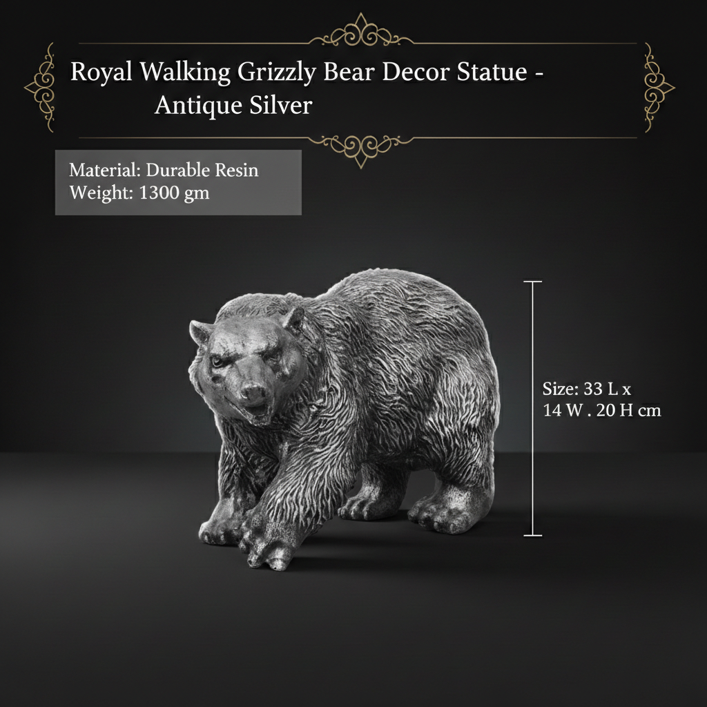 Royal Walking Grizzly Bear Decor Statue - Antique Silver